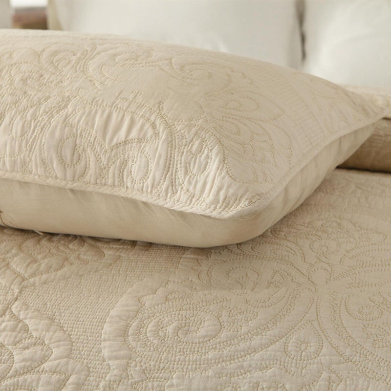 ABREEZE Cream Bedding King Size Cotton Vintage Floral Paisley Quilt Set Scalloped Comforter Bedspread Quilted Coverlet Cotton Beige Comforter King Size 3 Pieces - Image 4